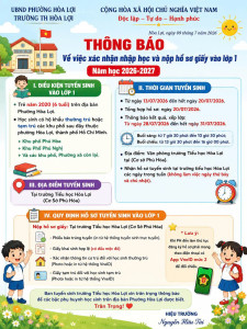 THÔNG BÁO VỀ VIỆC XÁC NHẬN NHẬP HỌC VÀ NỘP HỒ SƠ GIẤY VÀO LỚP 1